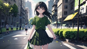 masterpiece, best quality, high quality, extremely detailed CG unity 8k wallpaper, extremely detailed, High Detail, vibrant colors, backlight, photo background,

(1girl, solo), long hair, (black hair), black eyes, looking at viewer, green top, shirt, green shirt, black bottom, (black skirt), shirt, standing, upper body, short sleeves, cowboy shot, pleated skirt, outdoors, day, blurry background, shirt tucked in, 

A girl wearing a green short-sleeve shirt and black pleated skirt standing on an outdoor basketball court, with a blurred background of people and a basketball hoop,