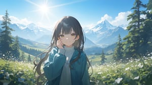 (1girl, solo), long hair, smile, brown hair, black hair, long sleeves, upper body, outdoors, sky, day, sweater, tree, blue sky, sleeves past wrists, mountain, teal jacket, scenic mountain landscape, clear blue skies, sunlight, green vegetation, majestic mountains, gentle breeze, wildflowers, warm glow, peaceful atmosphere