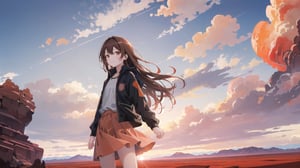 masterpiece, best quality, high quality, extremely detailed CG unity 8k wallpaper, extremely detailed, High Detail, vibrant colors, backlight, photo background, 

(1girl, solo), long hair, looking at viewer, smile, skirt, brown hair, long sleeves, standing, jacket, outdoors, coat,

A person wearing a black jacket standing in front of a vast desert landscape with rocky formations and a cloudy sky, A vast desert landscape with reddish-orange rock formations, eroded geological structures, and flat rock plateaus in the distance under a cloudy sky,