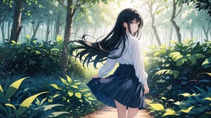 masterpiece, best quality, high quality, extremely detailed CG unity 8k wallpaper, extremely detailed, High Detail, vibrant, colors, backlight, simple background, ethereal, dreamy, soft light, pastel hues,

1girl, solo, long hair, skirt, shirt, black hair, long sleeves, standing, outdoors, striped, from behind, tree, blue skirt, long skirt, striped shirt, fence, facing away,

A girl with long black hair, wearing a striped long-sleeve shirt and a dark blue skirt, walking on a forest path surrounded by trees, The ground is covered with fallen leaves, creating a tranquil and natural atmosphere, soft glow, misty background, gentle breeze, warm tones, soft focus,