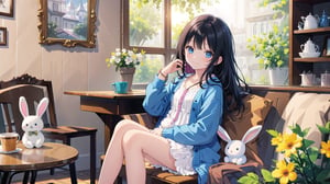 masterpiece, best quality, high quality, extremely detailed CG unity 8k wallpaper, extremely detailed, High Detail, vibrant colors, backlight, photo background, 

(1girl, solo), long hair, looking at viewer, smile, bangs, shirt, black hair, long sleeves, holding, jewelry, closed mouth, upper body, indoors, black eyes, bracelet, :3, stuffed toy, stuffed animal, stuffed bunny, holding stuffed toy, shelf, shop,

A woman sitting in a cozy shop or café, holding a cute white plush toy with blue eyes and a smiling face, The background includes wooden shelves with various products, She is wearing a pink cardigan and a white dress, with a bracelet on her wrist, Warm and inviting atmosphere,