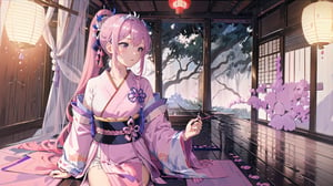 masterpiece, best quality, high quality, extremely detailed CG unity 8k wallpaper, extremely detailed, High Detail, vibrant colors, backlight, photo background, 

(1girl, solo), long hair, looking at viewer, black hair, ribbon, hair ribbon, upper body, ponytail, japanese clothes, kimono, blurry, black eyes, blurry background, pink ribbon, yukata,

A woman wearing a traditional Japanese kimono with geometric patterns in pink, blue, and white colors, Her hair is tied in a low ponytail with pink hair accessories, The background features a purple curtain with a white emblem, suggesting a traditional setting, wide shot, full body view, traditional Japanese room, tatami mats, shoji screen, lanterns, serene atmosphere, distant view,