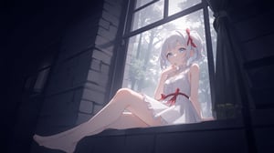 The image is an illustration of a young girl with white hair and blue eyes. She is sitting on a window sill with her legs crossed and her hands resting on her knees. The girl is wearing a white dress with a red ribbon tied around her waist. She has a red bow in her hair and is looking out the window with a peaceful expression on her face. The background is dark and there are trees visible through the window. The overall mood of the image is calm and serene.