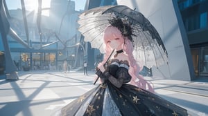 A Gothic Lolita beauty stands out against a backdrop of sleek, modern architecture. Wearing a stunning black and white lace dress embroidered with intricate golden stars, she exudes an air of mysterious elegance. Her long pink hair is braided to perfection, framing her porcelain doll-like face. Clutching a parasol adorned with delicate filigree and sparkling gemstones, she casts a dainty silhouette against the vibrant sunlight. The parasol's layered tulle creates beautiful shadows on the surrounding pavement, adding an air of whimsy to the scene.