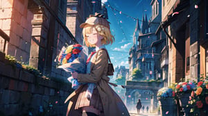 masterpiece, best quality, high quality, extremely detailed, High Detail, vibrant colors, simple background,  white background, colorful, bright background, happy atmosphere, cute, 

(1girl, solo), blush, smile,  grin, ^ ^, closed eyes, virtual youtuber, amelia watson, watson amelia,short hair, blonde hair, hair ornament, onocle hair ornament, amelia_detective, collared shirt, red necktie, plaid skirt, thighhighs, smile, holding, standing, from side, clock, pocket watch, deerstalker, detective outfit, trench coat, holding, flower, bouquet, holding bouquet, holding bouquet of flowers, holomyth, 