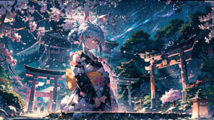 //Quality
(((best quality, 8k wallpaper))), ((detailed eyes, detailed illustration, masterpiece, ultra-detailed)),

//Charater
1girl, solo, usada pekora, kimono1, kimono, new year suit, 

// Pose
upper body, (dynamic angle), 
looking at viewer, 

// Background
((detailed background)), midjourney, yofukashi background,perfect light, (cherry blossoms), extremely delicate and beautiful, ((background: shrine, night stars iridescent)), ((nightime, detailed stars)), Night view in the shrine, A girl prays in front of a shrine at night, behind her is a row of lanterns and a red torii gate