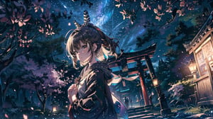 //Quality
(((best quality, 8k wallpaper))), ((detailed eyes, detailed illustration, masterpiece, ultra-detailed)),

//Charater
1girl, solo, Nanashi Mumei, (brown hairs), 
mumeidef,

// Pose
upper body, (dynamic angle), 
looking at viewer, 

// Background
((detailed background)), midjourney, yofukashi background,perfect light, (cherry blossoms), extremely delicate and beautiful, ((background: shrine, night stars iridescent)), ((nightime, detailed stars)), Night view in the shrine, A girl prays in front of a shrine at night, behind her is a row of lanterns and a red torii gate,Detailedface,More Detail