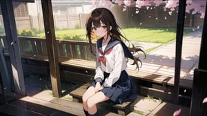 masterpiece, best quality, high quality, extremely detailed CG unity 8k wallpaper, extremely detailed, High Detail, anime style, colors, backlight, bright, vibrant,

(1girl, solo), long hair, looking at viewer, bangs, skirt, brown hair, shirt, black hair, long sleeves, holding, brown eyes, sitting, school uniform, white shirt, pleated skirt, outdoors, food, serafuku, black skirt, sailor collar, feet out of frame, holding food, stairs, juice, sitting on stairs,

A young girl in a Japanese sailor school uniform, sitting on outdoor stone stairs, drinking a juice pouch, sunny day, natural and cute expression, gentle sunlight, cherry blossom petals falling, warm and serene atmosphere