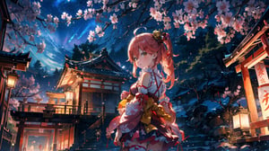 //Quality
(((best quality, 8k wallpaper))), ((detailed eyes, detailed illustration, masterpiece, ultra-detailed)),

//Charater
1girl, solo, Sakura Miko, SakuraMiko, 
MikoBase, long hair, ahoge, one side up, hair bell, cherry blossom print, nontraditional miko, frills, single thighhigh, bridal garter,

// Pose
upper body, (dynamic angle), 
looking at viewer, 

// Background
((detailed background)), midjourney, yofukashi background,perfect light, (cherry blossoms), extremely delicate and beautiful, ((background: shrine, night stars iridescent)), ((nightime, detailed stars)), Night view in the shrine, A girl prays in front of a shrine at night, behind her is a row of lanterns and a red torii gate,midjourney,More Detail