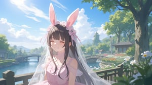 Captured at eye-level on a cloudy day, a young Asian girl, dressed in a pink dress, adorned with a white lace veil, is stunning against the backdrop of a body of water. Her hair is cascading down her back, adding a touch of warmth to the scene. She's wearing a pair of bunny ears, adorned in pink and white, adorned by a pink ribbon. Her eyes are closed, a soft smile on her face, and her lips are painted a soft pink. The girl's hair is long, dark brown, and she's smiling. The backdrop is a vibrant blue sky, dotted with white fluffy clouds. In the background, there is a quaint wooden bridge arching over the water, leading to a small garden filled with blooming flowers and lush greenery. The garden is bordered by tall, ancient trees whose leaves rustle gently in the breeze.