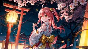//Quality
(((best quality, 8k wallpaper))), ((detailed eyes, detailed illustration, masterpiece, ultra-detailed)),

//Charater
1girl, solo, Sakura Miko, SakuraMiko, 
MikoBase, long hair, ahoge, one side up, hair bell, cherry blossom print, nontraditional miko, frills, single thighhigh, bridal garter,

// Pose
upper body, (dynamic angle), 
looking at viewer, 

// Background
((detailed background)), midjourney, yofukashi background,perfect light, (cherry blossoms), extremely delicate and beautiful, ((background: shrine, night stars iridescent)), ((nightime, detailed stars)), Night view in the shrine, A girl prays in front of a shrine at night, behind her is a row of lanterns and a red torii gate,midjourney,More Detail