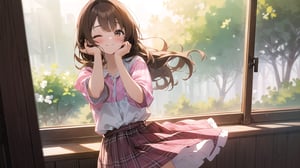 masterpiece, best quality, high quality, extremely detailed CG unity 8k wallpaper, extremely detailed, High Detail, vibrant colors, backlight, simple background, ethereal, dreamy atmosphere, soft lighting, gentle hues,

(1girl, solo), long hair, brown hair, one eye closed, pink plaid shirt, plaid skirt,

a young girl standing by a window, wearing a pink plaid shirt, smiling cutely with one eye winking, hands on her cheeks, playful pose, casual outfit, natural lighting, soft glow, whimsical setting,