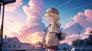 masterpiece, best quality, high quality, extremely detailed, High Detail, vibrant colors, backlight, colorful, illustration, purple and pink hues

(1girl, solo), short hair, blue eyes, blonde hair, monocle hair ornament, from side, virtual youtuber, amelia watson, watson amelia, amelia_detective, collared shirt, red necktie, plaid skirt, thighhighs, (detective accessories:0) deerstalker, brown capelet, pocket watch, stethoscope, syringe, 

outdoors, sky, cloud, wind, sunset, sunset sky, large clouds, detective outfit, plaid hat, wind blowing, soft lighting, outdoor scene, bus stop sign