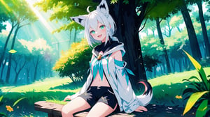 masterpiece, best quality, high quality, extremely detailed CG unity 8k wallpaper, extremely detailed, High Detail, vibrant colors, backlight, photo background, 

(1girl, solo), long hair, breasts, looking at viewer, smile, open mouth, bangs, navel, animal ears, hair between eyes, sitting, green eyes, tail, braid, ahoge, white hair, sidelocks, outdoors, detached sleeves, shorts, day, virtual youtuber, hood, wide sleeves, tree, neckerchief, animal ear fluff, fox ears, short shorts, single braid, hoodie, fox tail, wariza, black shorts, grass, outstretched arm, fox girl, nature, side braid, forest, outstretched hand, reaching towards viewer, blue neckerchief, dappled sunlight, white hoodie, shirakami fubuki,

A cute girl with white short hair and animal ears, sitting on a grassy forest clearing, wearing a loose white shirt with a blue scarf, reaching out with a warm smile, sunny forest background, green grass and scattered flowers, anime style,