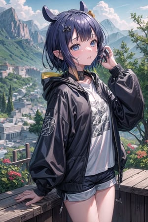 //Quality
(((best quality, 8k wallpaper))), ((detailed eyes, detailed illustration, masterpiece, ultra-detailed)),

//Charater
1girl, solo, ninomae ina'nis, bangs, inacasual, white t-shirt, short shorts, short hair, headphones

// Pose
profile, in_profile, upper body, (dynamic angle), 

// Background
balcony scenery, blue cloudy sky scenery, plants and flowers, mountains scenery
