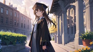 masterpiece, best quality, high quality, extremely detailed CG unity 8k wallpaper, extremely detailed, High Detail, vibrant colors, backlight, simple background,

(1girl, solo), long hair, looking at viewer, smile, brown hair, shirt, long sleeves, hat, brown eyes, white shirt, braid, necktie, collared shirt, wide sleeves, black headwear, grass, robe, black robe, cap, (graduation gown, academic gown), mortarboard,

a happy young woman in a graduation gown and cap, standing in front of a grey wall with round windows, outdoor setting, smiling, celebration,

campus features, university building, trees, academic environment, 