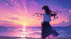 masterpiece, best quality, high quality, extremely detailed CG unity 8k wallpaper, extremely detailed, High Detail, colors, purple tone, 

(1girl, solo), long hair, skirt, shirt, black hair, long sleeves, standing, white shirt, outdoors, sky, cloud, black skirt, water, from behind, shadow, ocean, beach, cloudy sky, scenery, sunset, long skirt, horizon, waves,

A girl standing by the seaside at sunset, back facing the camera, wearing a long sleeve shirt and a long skirt, hands behind her back, serene and solitary atmosphere, pink and purple sky, sun near the horizon, tranquil feeling, sea waves gently touching the shore, reflecting the sunset glow,girl