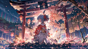 //Quality
(((best quality, 8k wallpaper))), ((detailed eyes, detailed illustration, masterpiece, ultra-detailed)),

//Charater
1girl, solo, usada pekora, 
kimono1, (red kimono:1.5), wearing kimono, wearing new year kimono, 

// Pose
upper body, (dynamic angle), 
looking at viewer, 

// Background
((detailed background)), midjourney, yofukashi background,perfect light, (cherry blossoms), extremely delicate and beautiful, ((background: shrine, night stars iridescent)), ((nightime, detailed stars)), Night view in the shrine, A girl prays in front of a shrine at night, behind her is a row of lanterns and a red torii gate,midjourney,1 girl