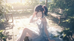 masterpiece, best quality, high quality, extremely detailed CG unity 8k wallpaper, extremely detailed, High Detail, vibrant colors, backlight, 

(1girl, solo), looking at viewer, black hair, dress, sitting, white dress, see-through, realistic, salute, bench,

A person sitting outdoors on a wooden floor, wearing a white dress and transparent long sleeves, with a pink bow accessory in hair, sunlight creating bright shadows, natural and comfortable environment with trees and wooden benches in the background