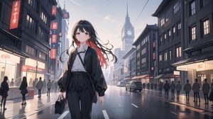 masterpiece, best quality, high quality, extremely detailed CG unity 8k wallpaper, extremely detailed, High Detail, vibrant colors, backlight, photo background,

(1girl, solo), solo focus, lips, brown eyes, long hair, black hair, black outfit, long sleeves, skirt, black pants, accessories, outdoors,

Tokyo Station, red brick building, building, city, road, street, modern skyscrapers, wide plaza, grey stone tiles, green lawn, no other people