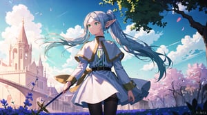 masterpiece, best quality, high quality, extremely detailed CG unity 8k wallpaper, extremely detailed, High Detail, vibrant colors, backlight, photo background, 

(1girl, solo), frieren, long hair, twintails, (green eyes:1.5), grey hair, pointy ears, elf, shirt, long sleeves, jewelry, pantyhose, earrings, striped, black pantyhose, capelet, striped shirt, 

upper body, outdoors, sky, pointy ears, cloud, hand up, blurry, from side, petals, floating hair, field,

A fantasy elf girl with long silver hair, standing in a field of flowers with a dreamy sky background, She is holding a magical staff and her hair is flowing in the wind, The scene is serene and filled with soft light, 