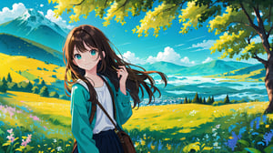 masterpiece, best quality, high quality, extremely detailed, High Detail, vibrant colors, illustration, backlight, colorful,

(1girl, solo), long hair, smile, brown hair, black hair, long sleeves, upper body, outdoors, sky, day, sweater, tree, blue sky, sleeves past wrists, mountain, teal jacket, scenic mountain landscape, clear blue skies, sunlight, green vegetation, majestic mountains, gentle breeze, wildflowers, warm glow, peaceful atmosphere