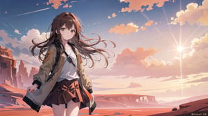 masterpiece, best quality, high quality, extremely detailed CG unity 8k wallpaper, extremely detailed, High Detail, vibrant colors, backlight, photo background, 

(1girl, solo), long hair, looking at viewer, smile, skirt, brown hair, long sleeves, standing, jacket, outdoors, coat,

A person wearing a black jacket standing in front of a vast desert landscape with rocky formations and a cloudy sky, A vast desert landscape with reddish-orange rock formations, eroded geological structures, and flat rock plateaus in the distance under a cloudy sky,