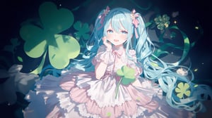 Beautiful anime-style girl in a pastel pink and white Lolita dress with lace and ribbon details, long curly light blue hair with pink bows, adorned with pink flowers, holding a large green prop. She is posed in front of a large green Lucky clover decoration, resembling a heart-shaped green leaf, with a green ribbon adding a pop of color. The background is dark, creating a stark contrast to her outfit. Elegant and whimsical atmosphere, detailed and intricate design, with vibrant colors and soft shading typical of anime art.