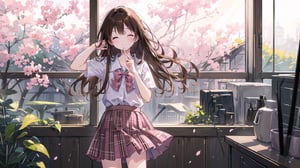 masterpiece, best quality, high quality, extremely detailed CG unity 8k wallpaper, extremely detailed, High Detail, vibrant colors, backlight, simple background, ethereal, dreamy atmosphere, soft lighting, gentle hues,

(1girl, solo), long hair, brown hair, one eye closed, pink plaid shirt, plaid skirt,

a young girl standing by a window, wearing a pink plaid shirt, smiling cutely with one eye winking, hands on her cheeks, playful pose, casual outfit, natural lighting, soft glow, whimsical setting,