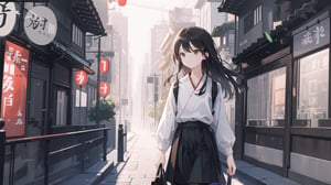 masterpiece, best quality, high quality, extremely detailed CG unity 8k wallpaper, extremely detailed, High Detail, vibrant colors, backlight, photo background,

(1girl, solo), solo focus, lips, brown eyes, long hair, black hair, black outfit, long sleeves, skirt, black pants, accessories, outdoors,

Tokyo Station, red brick building, building, city, road, street, modern skyscrapers, wide plaza, grey stone tiles, green lawn, no other people