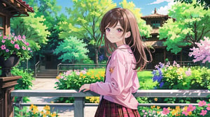 masterpiece, best quality, high quality, extremely detailed CG unity 8k wallpaper, extremely detailed, High Detail, vibrant colors, backlight, photo background, 

(1girl, solo), long hair, looking at viewer, smile, bangs, skirt, brown hair, shirt, long sleeves, brown eyes, standing, flower, outdoors, looking back, lips, head tilt, plaid, pink shirt, pink plaid shirt, plaid shirt, 

green plants, stairs, railing, walkway, orange flowers, outdoor, park, garden, lush greenery, metal railing, peaceful environment, nature scenery