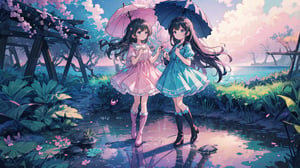 masterpiece, best quality, high quality, extremely detailed CG unity 8k wallpaper, extremely detailed, High Detail, anime style, colors, backlight, cute background, dreamy background, ethereal ambiance, magical atmosphere, fantasy elements, whimsical,

(2 girls, twins), long hair, multiple girls, black hair, dress, 2girls, boots, day, water, ocean, umbrella, knee boots, dual persona, pink footwear,

Two girls standing by the water, wearing cute dresses, long hair, holding a transparent umbrella, one in a pink dress, the other in a blue dress, fashionable boots, calm sea in the background, clear sky, refreshing and cheerful atmosphere, 