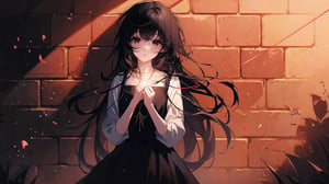 masterpiece, best quality, high quality, extremely detailed CG unity 8k wallpaper, extremely detailed, High Detail, vibrant, colors, backlight, simple background, brick wall background,

(1girl, solo), long hair, looking at viewer, black hair, jewelry, upper body, necklace, black eyes, lips, magic, brick wall, full body,

A young girl standing in front of a brick wall, holding glowing string lights in her hands, dimly lit background, warm and mysterious atmosphere, calm expression, direct gaze at the camera, slightly pursed lips, wearing a black outfit with red floral embroidery,