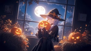 Mystical Moonlight Encounter: A young anime girl, dressed in a black cape and witch hat, holds a pumpkin with an intense gaze. Standing before a large window framing a moonlit night sky, her focus is riveted on the pumpkin. To her left, a vibrant yellow pumpkin sits atop a straw bale amidst autumn leaves, adding a burst of warmth to the enchanting scene.