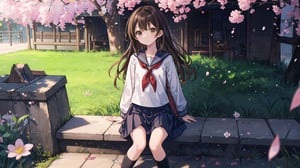 masterpiece, best quality, high quality, extremely detailed CG unity 8k wallpaper, extremely detailed, High Detail, anime style, colors, backlight, bright, vibrant,

(1girl, solo), long hair, looking at viewer, bangs, skirt, brown hair, shirt, black hair, long sleeves, holding, brown eyes, sitting, school uniform, white shirt, pleated skirt, outdoors, food, serafuku, black skirt, sailor collar, feet out of frame, holding food, stairs, juice, sitting on stairs,

A young girl in a Japanese sailor school uniform, sitting on outdoor stone stairs, drinking a juice pouch, sunny day, natural and cute expression, gentle sunlight, cherry blossom petals falling, warm and serene atmosphere