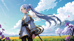 masterpiece, best quality, high quality, extremely detailed CG unity 8k wallpaper, extremely detailed, High Detail, vibrant colors, backlight, photo background, 

(1girl, solo), frieren, long hair, twintails, (green eyes:1.5), grey hair, pointy ears, elf, shirt, long sleeves, jewelry, pantyhose, earrings, striped, black pantyhose, capelet, striped shirt, 

upper body, outdoors, sky, pointy ears, cloud, hand up, blurry, from side, petals, floating hair, field,

A fantasy elf girl with long silver hair, standing in a field of flowers with a dreamy sky background, She is holding a magical staff and her hair is flowing in the wind, The scene is serene and filled with soft light, 