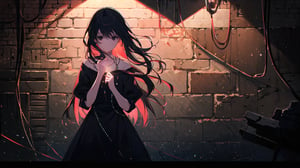 masterpiece, best quality, high quality, extremely detailed CG unity 8k wallpaper, extremely detailed, High Detail, vibrant, colors, backlight, simple background, brick wall background,

(1girl, solo), long hair, looking at viewer, black hair, jewelry, upper body, necklace, black eyes, lips, magic, brick wall, full body,

A young girl standing in front of a brick wall, holding glowing string lights in her hands, dimly lit background, warm and mysterious atmosphere, calm expression, direct gaze at the camera, slightly pursed lips, wearing a black outfit with red floral embroidery,