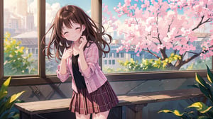 masterpiece, best quality, high quality, extremely detailed CG unity 8k wallpaper, extremely detailed, High Detail, vibrant colors, backlight, simple background, ethereal, dreamy atmosphere, soft lighting, gentle hues,

(1girl, solo), long hair, brown hair, one eye closed, pink plaid shirt, plaid skirt,

a young girl standing by a window, wearing a pink plaid shirt, smiling cutely with one eye winking, hands on her cheeks, playful pose, casual outfit, natural lighting, soft glow, whimsical setting,