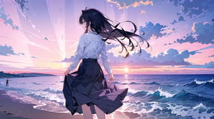 masterpiece, best quality, high quality, extremely detailed CG unity 8k wallpaper, extremely detailed, High Detail, colors, purple tone, 

(1girl, solo), long hair, skirt, shirt, black hair, long sleeves, standing, white shirt, outdoors, sky, cloud, black skirt, water, from behind, shadow, ocean, beach, cloudy sky, scenery, sunset, long skirt, horizon, waves,

A girl standing by the seaside at sunset, back facing the camera, wearing a long sleeve shirt and a long skirt, hands behind her back, serene and solitary atmosphere, pink and purple sky, sun near the horizon, tranquil feeling, sea waves gently touching the shore, reflecting the sunset glow,girl