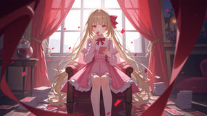 The image shows a young girl sitting on a chair in a room with a large window in the background. She is wearing a pink dress with a red bow and has long blonde hair with bangs. The girl is holding a card in her hand and appears to be deep in thought. The room is decorated with red curtains and there are several stacks of playing cards scattered around her. The overall mood of the image is mysterious and whimsical.