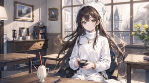 masterpiece, best quality, high quality, extremely detailed CG unity 8k wallpaper, extremely detailed, High Detail, vibrant colors, backlight, photo background, 

(1girl, solo), long hair, looking at viewer, smile, brown hair, long sleeves, hat, holding, brown eyes, jewelry, upper body, indoors, nail polish, bracelet, cup, lips, window, table, holding cup, beanie,

a young woman, wearing a light-colored fuzzy hat, long straight black hair, blue turtleneck long-sleeve shirt, holding a yellow and white striped cup, sitting indoors with striped wall background, smiling, cozy atmosphere, high quality, detailed face, natural lighting