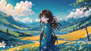 masterpiece, best quality, high quality, extremely detailed, High Detail, vibrant colors, illustration, backlight, colorful,

(1girl, solo), long hair, smile, brown hair, black hair, long sleeves, upper body, outdoors, sky, day, sweater, tree, blue sky, sleeves past wrists, mountain, teal jacket, scenic mountain landscape, clear blue skies, sunlight, green vegetation, majestic mountains, gentle breeze, wildflowers, warm glow, peaceful atmosphere