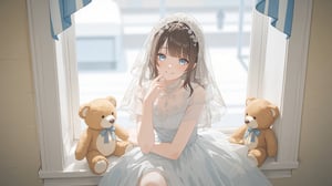 A girl in a light blue lace dress sitting by a windowsill with two plush toys, dressed in a white dress with a veil on her head, is seated on a white window sill. She is smiling, her left hand resting on her chin, adding a touch of warmth to the scene. The teddy bear on the left is a light brown color, while the teddy on the right is a darker shade of brown. The woman's hair is dark brown, and her eyes are a piercing blue. The wall behind her is a creamy white, and the window is adorned with a blue and white striped awning. soft lighting, warm and cozy atmosphere, blurred outdoor scene through the window.