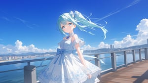 a young anime girl stands on a wooden deck in front of a metal railing. She is dressed in a light blue dress adorned with a detailed floral pattern, adorned with intricately tied blue ribbons and a perfectly placed white bow. Her hair is pulled back in a neat and flowing ponytail, with strands catching the light, adding a pop of color to the scene. Her eyes sparkle with life, and her expression is serene yet curious. The sky is a deep blue, dotted with fluffy white clouds, and a few buildings can be seen in the distance, their outlines sharp against the horizon. The sunlight casts gentle shadows, highlighting the texture of the wooden deck and the metal railing.