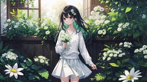 masterpiece, best quality, high quality, extremely detailed CG unity 8k wallpaper, extremely detailed, High Detail, vibrant colors, backlight, photo background, 

1girl, solo, long hair, bangs, skirt, shirt, black hair, long sleeves, holding, jewelry, flower, outdoors, parted lips, black eyes, lips, looking to the side, window, ring, white skirt, plant, white flower, green shirt, holding flower,

a woman holding white daisies, wearing a green knitted sweater, long straight hair, outdoor setting with wooden window and green plants, serene atmosphere, 