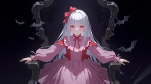 The image is an illustration of a young girl with white hair and red eyes. She is wearing a pink dress with a red bow on her head and a red collar. The dress has a high neckline and long sleeves. The girl is sitting on a black chair with her arms stretched out to the sides. The background is dark and there are bats flying around her. The overall mood of the image is eerie and mysterious.