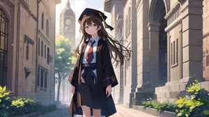 masterpiece, best quality, high quality, extremely detailed CG unity 8k wallpaper, extremely detailed, High Detail, vibrant colors, backlight, simple background,

(1girl, solo), long hair, looking at viewer, smile, brown hair, shirt, long sleeves, hat, brown eyes, white shirt, braid, necktie, collared shirt, wide sleeves, black headwear, grass, robe, black robe, cap, (graduation gown, academic gown), mortarboard,

a happy young woman in a graduation gown and cap, standing in front of a grey wall with round windows, outdoor setting, smiling, celebration,

campus features, university building, trees, academic environment, 