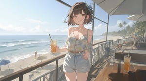 (1girl, solo), looking at viewer, smile, short hair, skirt, brown hair, hair ornament, outdoors, shorts, day, ocean, denim,

Young woman at the beach, wearing light denim shorts and a floral camisole, standing by a railing with the ocean in the background, two drinks on the table, beach umbrellas overhead, relaxed and serene atmosphere