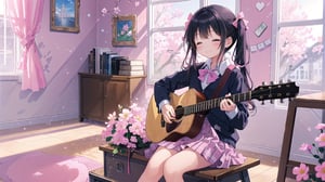 masterpiece, best quality, high quality, extremely detailed CG unity 8k wallpaper, extremely detailed, High Detail, vibrant colors, backlight, photo background, pink tones,

(1girl, solo), long hair, smile, bangs, skirt, black hair, bow, twintails, sitting, school uniform, closed eyes, indoors, low twintails, pink bow, instrument, desk, music, guitar, playing instrument, electric guitar, acoustic guitar

A girl in a school uniform sitting in a pink classroom, playing a pink guitar. The room is decorated with pink tones, a painting of smiling flowers on the wall, and plush toys in the corner,