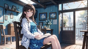 masterpiece, best quality, high quality, extremely detailed CG unity 8k wallpaper, extremely detailed, High Detail, vibrant colors, backlight, photo background, dreamy atmosphere, serene, peaceful, pastel colors,

(1girl, solo), long hair, looking at viewer, brown hair, black hair, long sleeves, dress, holding, brown eyes, sitting, jacket, indoors, lips, book, blue dress, white jacket, door,

A person wearing a white jacket and light blue dress, sitting on an indoor bench, reading a comic book,
Background with wooden doors and walls, traditional design elements,